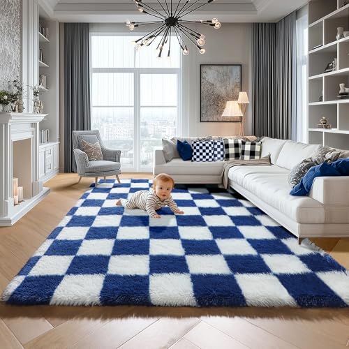 Image of KICMOR Large Area Rug for Living Room 6x9, Big Fluffy Shag Fuzzy Navy Blue and Cream White Checkered Rugs Soft Plush Carpet for Bedroom, Cute Shaggy Rug for Kids Boys Girls Room Nursery Home Decor
