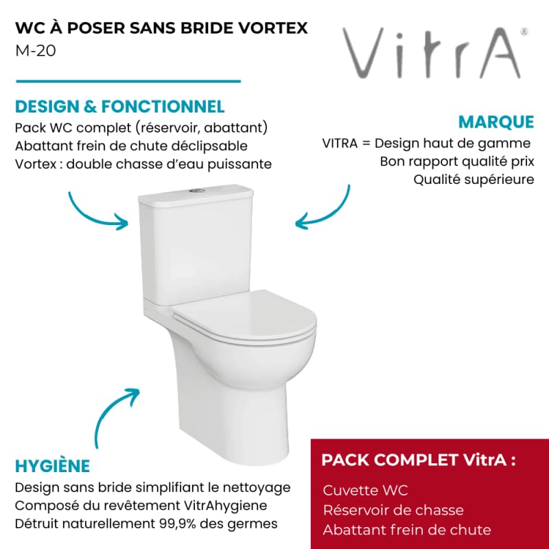 WC à poser sans bride sortie horizontale Vortex VitrA M-20 avec abattant frein de chute
