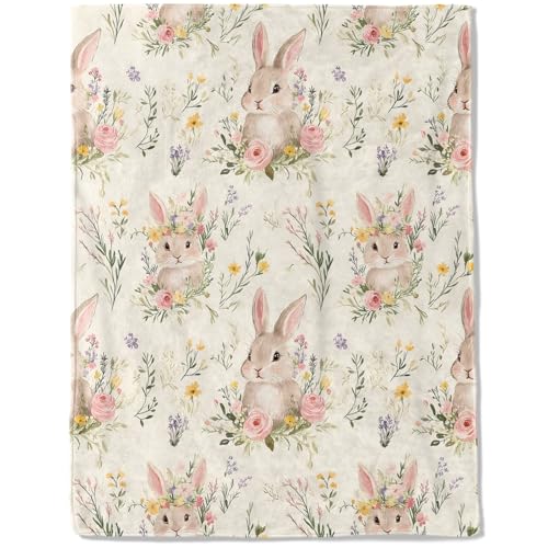 ainori Cute Bunny Fleece Blanket - Lightweight Soft Cozy Gifts Throw for Animal Lovers, Kids,Women,Rabbit Floral Cream Blankets,Home Room Modern Farmhouse Boho Decor 50x60in