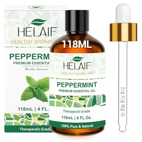 HELAIF Aceite Esencial de Menta 118 ml (4OZ) Peppermint Essential Oil 100% Puro sin Aditivos que Puede Aliviar Dolores de Cabeza Refrescar Aceite de Masaje de Relajación Muscular Aromaterapia