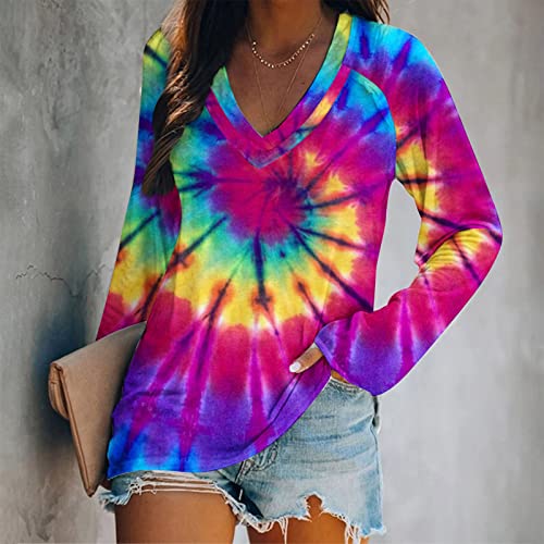 Sinzelimin Long Sleeve Shirts For Women Fashion Gradient Tie-Dye Printed T-Shirt Casual V-Neck Slim Tee Blouse Tunic Tops #TOP2