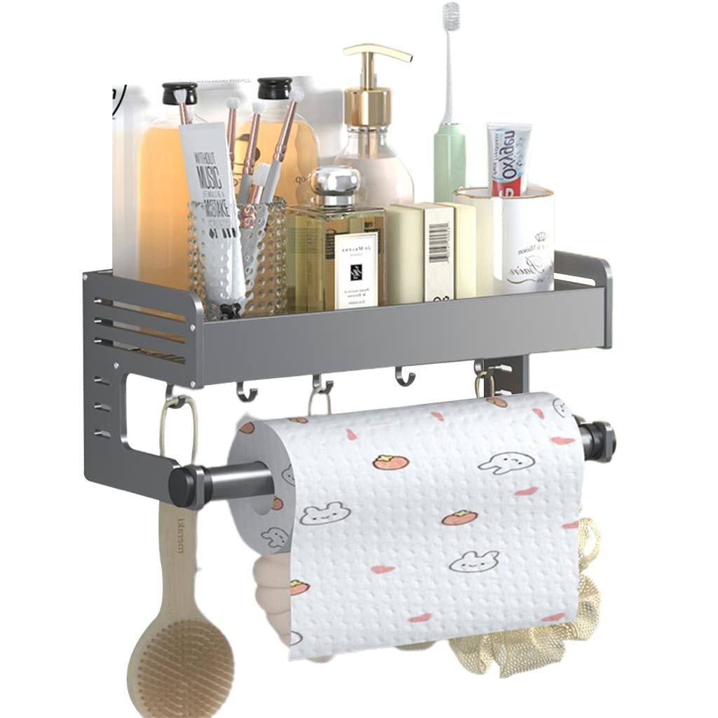 ZJHFFFG Bathroom Shelf Storage Organizer Shower Caddy Basket with Hooks Towel Rack for Toiletries Cosmetics Punch-Free Rustproof Aluminum