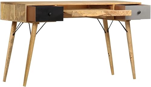 Miniatura 3 de Vintage Solid Mango Wood Writing Desk 51.2 x 19.7 x 31.5 in Brown Retro Computer Desk with 2 Drawers Rustic Office Workstation for Living Room Home