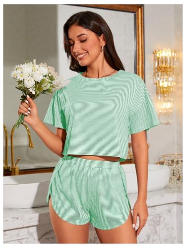 Image of OYOANGLE 2 Pack Pajama for Woman Set Summer Cute PJ Sets Striped Short Sleeve Tshirt and Split Shorts Lounge Set