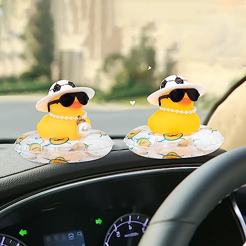 Image of wonuu Car Rubber Duck, Yellow Duck Decoration Dashboard with Sun Hat Swim Ring Necklace Sunglasses for Car Dashboard Decorations, Black White Cowboy Hat-Transparent-Big Pearl