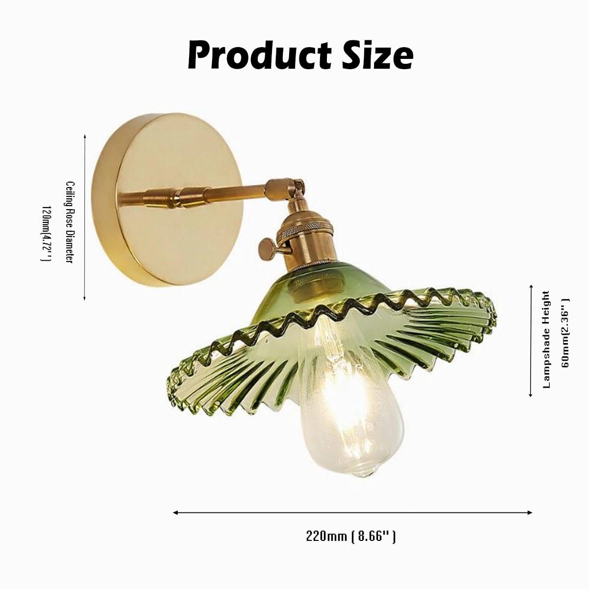 Zielona lampa ścienna w stylu vintage, ze szkła, E27, przemysłowa, z mosiężną oprawką, przełącznik, regulowane światło w górę w dół, do sypialni, kuchni, loftu