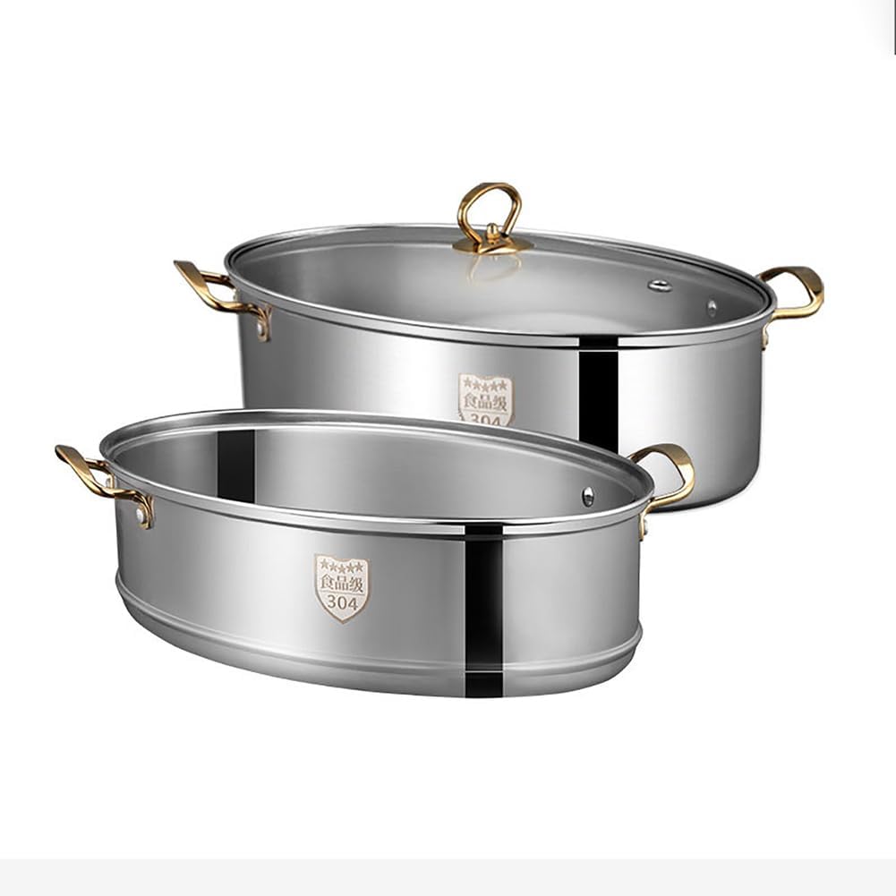 Fish Steamer Stainless Steel Set,Heavy Duty 304 Stainless Steel Oval Fish Steamer - Multi-Use Elliptical Fish Pot Cookware with Rack, Ceramic Pan, Anti-scalding Clip, Vented Glass Lid,Double