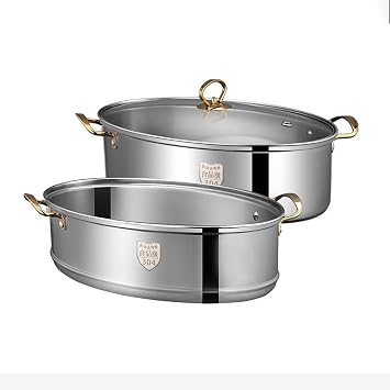 Fish Steamer Stainless Steel Set,Heavy Duty 304 Stainless Steel Oval Fish Steamer - Multi-Use Elliptical Fish Pot Cookware with Rack, Ceramic Pan, Anti-scalding Clip, Vented Glass Lid,Double