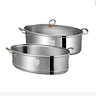 Fish Steamer Stainless Steel Set,Heavy Duty 304 Stainless Steel Oval Fish Steamer - Multi-Use Elliptical Fish Pot Cookware with Rack, Ceramic Pan, Anti-scalding Clip, Vented Glass Lid,Double