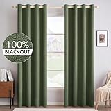 MIULEE 100% Blackout Linen Textured Curtains for Bedroom Solid Thermal Insulated Olive Green Grommet Room Darkening Curtains & Drapes Luxury Decor for Living Room Nursery 52 x 84 Inch (2 Panels)