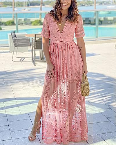 Image of LRISES Womens V Neck Floral Embroidered Lace Wedding Maxi Dress Boho Bridesmaid Evening Party Bridal Shower Dresses Pink