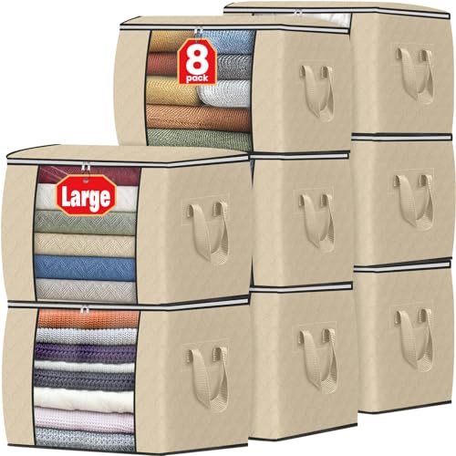 Image of Fab totes 24 Gallons Clothes Storage, Foldable Thick Fabric Blanket Storage Bags, Containers for Organizing Bedroom, Closet, Clothing, Comforter, Organization with Handle (8 Pack,Beige)
