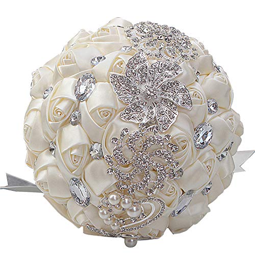 Qike Handmade Luxury Large Wedding Bridal Bouquet Silk Rose Holding Toss Artificial Flowers Bouquets With Satin Ribbon Lace Pearls Rhinestone For Bride Vintage Royal Wedding Bouquet #TOP2