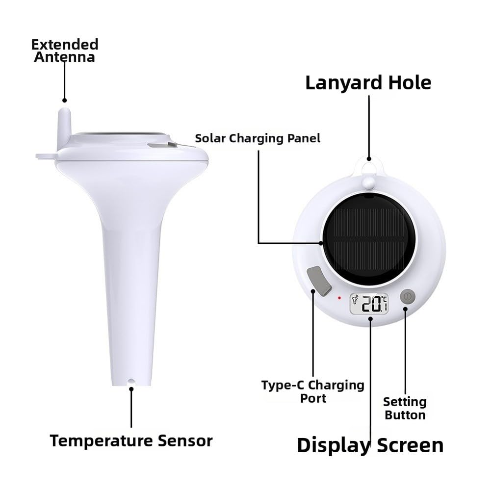 Termometro da piscina a energia solare, con display digitale, impermeabile IPX8, intervallo di temperatura da -40 °C a +70 °C, portata di 60 m, per piscina e esterni