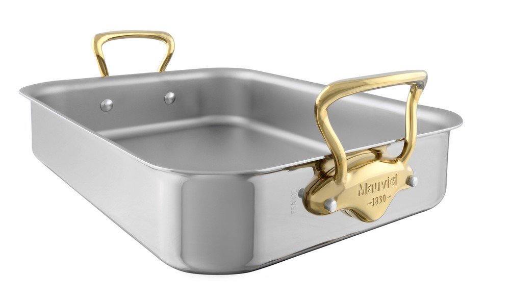 Mauviel MCook B 5-Ply Polished Stainless Steel Roasting Pan with Brass Handles 13 7 x 9 8-in Made
