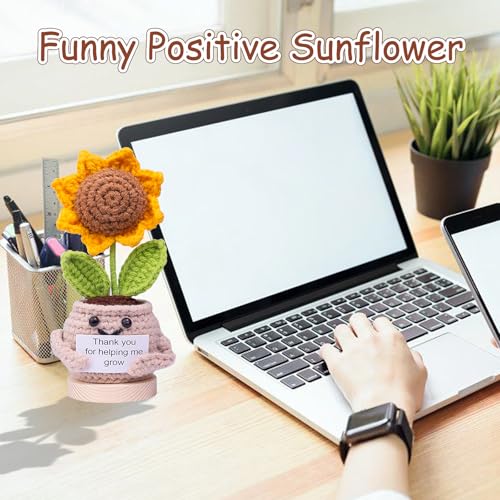 MuMyer Funny Positive Crochet Sunflower, Wool Knitting Sunflower Plant Thank You Gift with Card - Thank You for Helping Me Grow - Teacher Appreciation Gift from Student