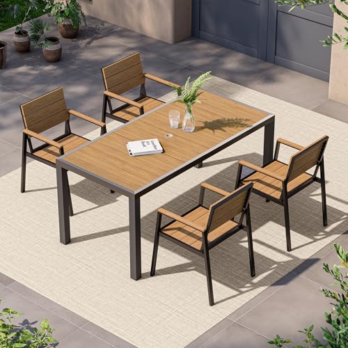 Vexwalx Outdoor Dining Set, Patio Table and Chairs of 4, Aluminum Outdoor Furniture Set with Umbrella Hole, HDPS Patio Dining Table Set for 4 (Gray-Teak)