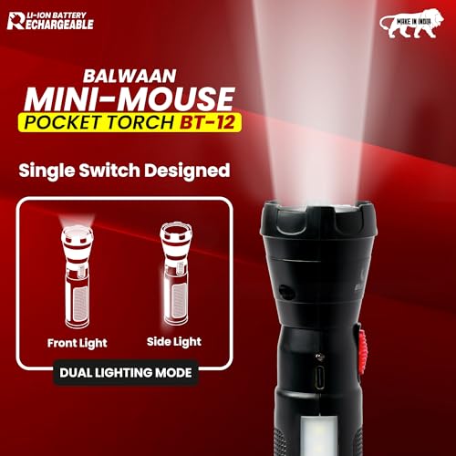 Image of Balwaan Krishi Rechargeable LED Search Light Torch | Handheld Flashlight Torch 1200mAh Battery, 1W SMD LED, Type-C Charging, 3-4 Hours Runtime, for Trekking, Agricultural & Outdoor Activities | BT-12