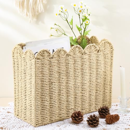 Chunful Scalloped Hand Woven Magazine Holder Natural Fiber Magazine Rack Floor Boho Natural Paper Rope Storage Basket Newspaper Book Files Basket Organizer for Bathroom Office Living Room Home Office