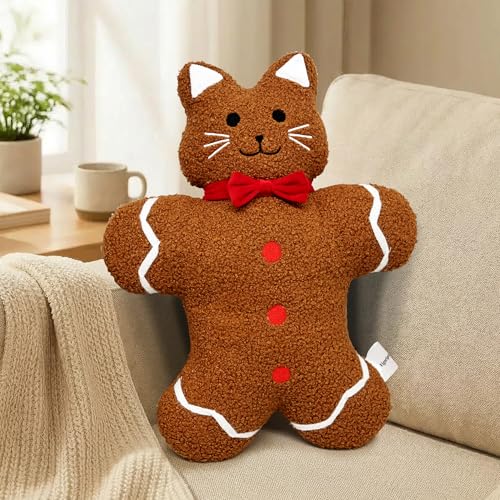 VigorSpring 17 Inch Gingerbread Cat Plush Pillow Soft Teddy Fleece Kawaii Stuffed Animal for Girls Kids Women Cute Cat Plushie for Sofa Bed Office Living Room Decor & Birthday Gift