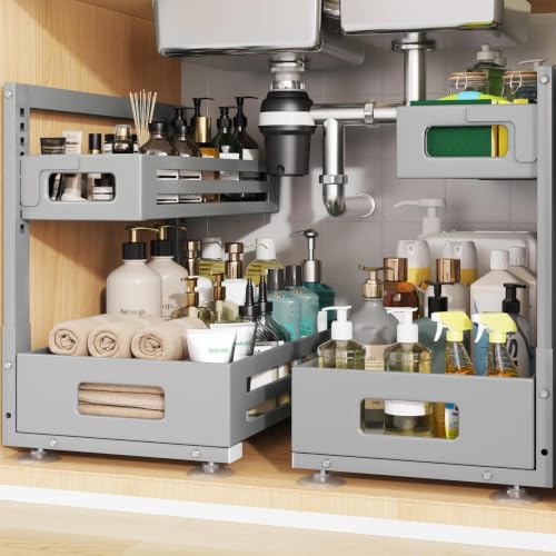 Image of 2 Pack 17IN-Depth Under Sink Organizer,Pull Out Cabinet Organizer With Smooth Cylindrical Rail,Metal Slide Out Drawer for Kitchen Bathroom Laundry,8-Level Tool Free Height Adjustable-Gun Gray