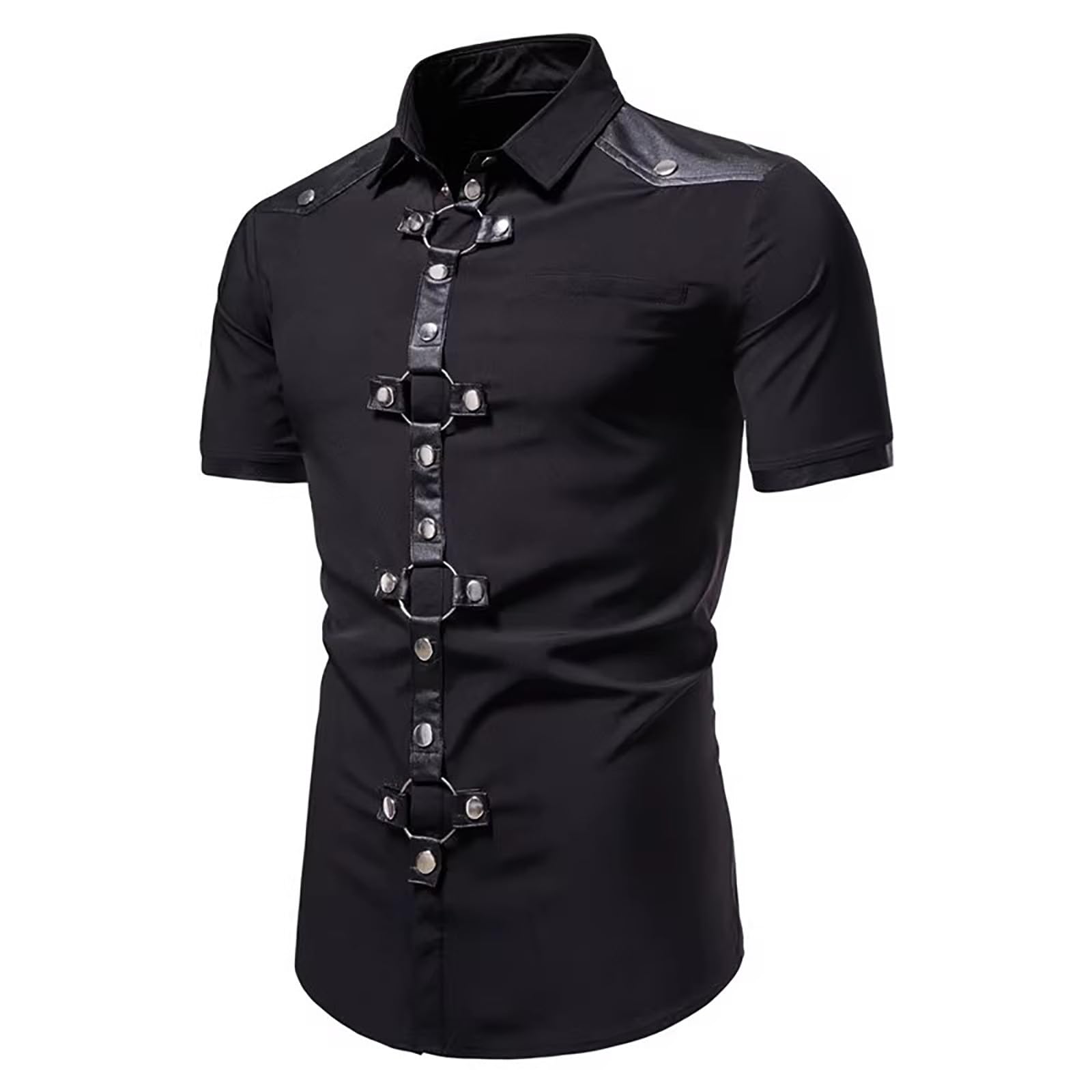 Herren Gothic Motorrad Hemd Steampunk Niet Dekoration Lässig Top Klassisch Kurzarm Slim Fit Hemd Herren Halloween Vampir Cosplay Kostüme Schulter Leder Dekoration