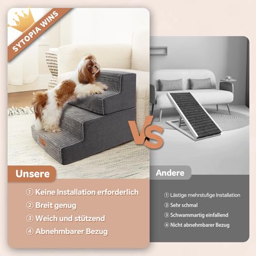 Sytopia Hundetreppe Große Hunde 4 Stufen Hoch, Hundetreppe für Bett Sofa 50cm, Haustiertreppe waschbar, hochdichter Schaumstoff, für verletzte ältere Hunde (46cm Höhe, Grau)