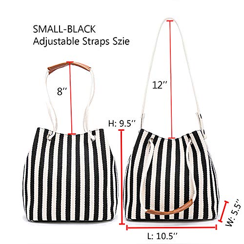 Bydenwely Women's Canvas Summer Tote Bag, Striped Hobo Purse, Small Black - image 3