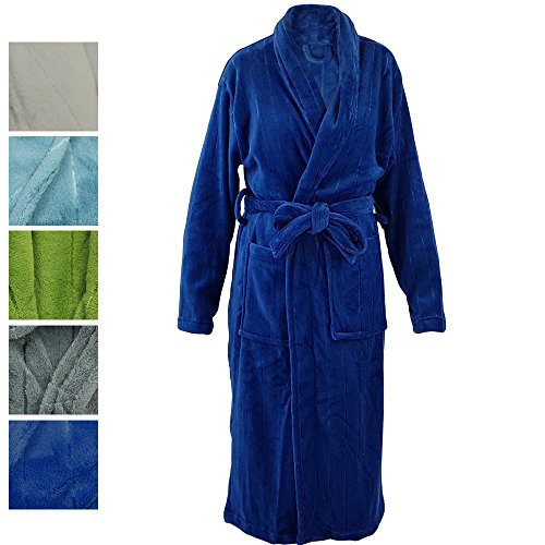 PROHEIM Peignoir Unisex Extra Doux de Robe de Chambre en Microfibre avec Texture Colar Fleece - Peignoir pour Le Bain ou Le Sauna avec Poches et Ceinture, Couleur:Marine, Taille:S