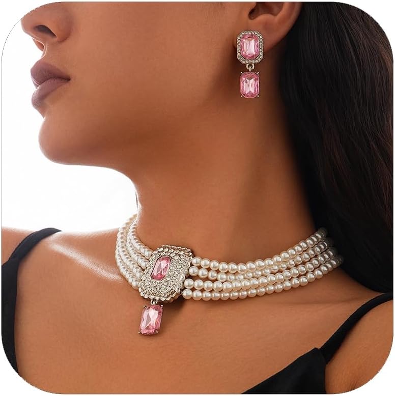 Pearl Choker Necklace for Women Earring&Necklace Set Fashion Gemstone Crystal Necklace for Party and Wedding