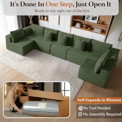 Image of 168 inch Cloud Sectional Couch, Comfort U Shaped Sofa for Living Room, Extra Deep Seats No Assembly, Minimalist Modular Couch, Corduroy (Olive Green, 7 Seats,U-Shape B)