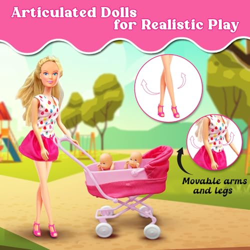 Image of Steffi Love Sunshine Twins| Pretend Play Set with Baby Stroll and Adorable Twin Babies| Safe 16+Baby Accessories| Adorable Role Play Set for Girls Age 3+ (White & Pink)