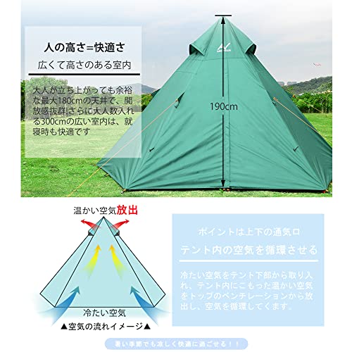 Tolanfio テント 3人用 4人用 キャンプテント キャンプ用品 折りたたみ 超軽量 二重層 uvカット ワンポールテント 通気 防風 防水 設営簡単 アウトドアテント 収納ケース付 4シーズン 運動会 花見 登山用 防災用 一年安心保障 (緑) 4枚目