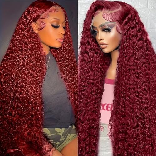 ULRICA Water Wave 99j Burgundy Lace front Wigs Human Hair Red Human Hair Wig 26 Inch 13x6 HD Deep Wave Lace front Wigs for Women Deep Curly Wet and Wavy Burgundy Red Wig