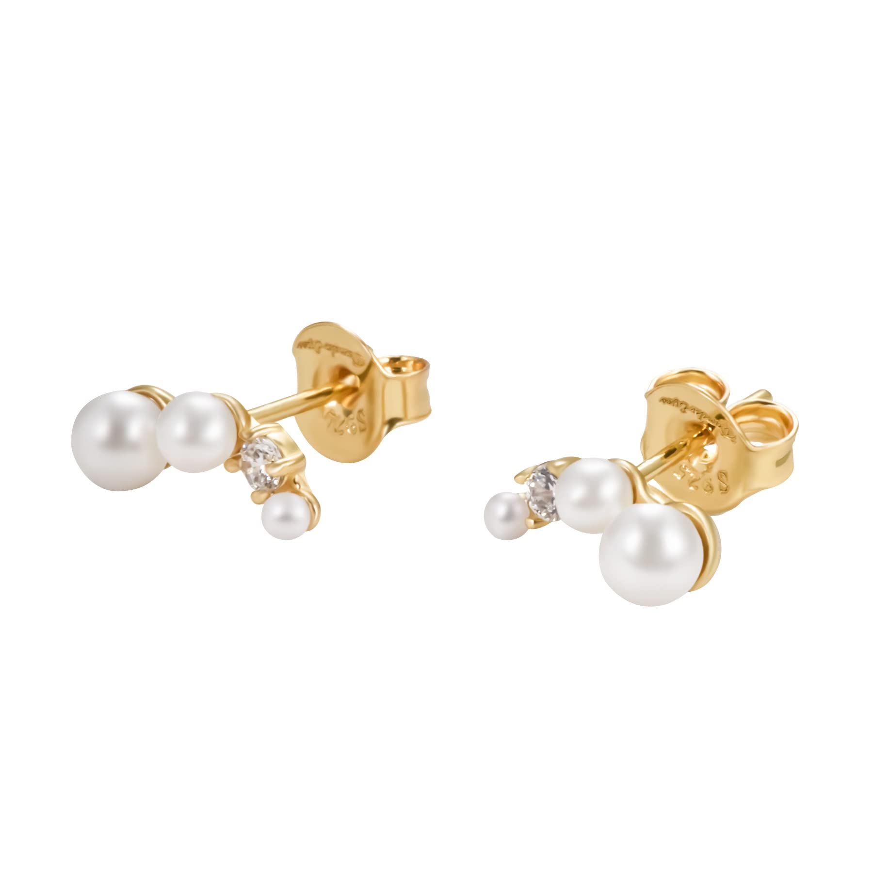 Pearl and Zirconia Stud Earrings For Women In 925 Silver and White Beads In 18k Yellow Gold