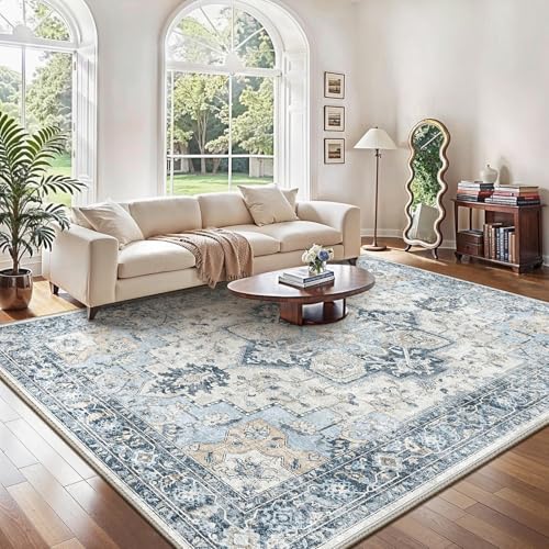 GENIMO Vintage Groß Blau Teppich Wohnzimmer 200x290cm Waschbar & rutschfest – Ansicht 1