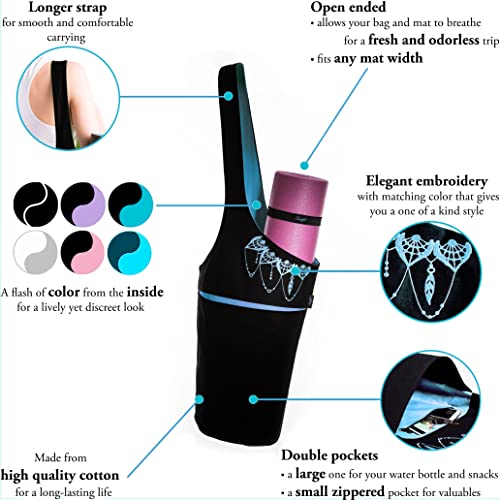 Zenifit Yoga Mat Bag - Long Tote With Pockets - Holds More Yoga Accessories. Cute Yoga Mat Holder With Bonus Yoga Mat Strap Elastics. Black And Azure Blue Yoga Mat Bags And Carriers For Women #TOP7
