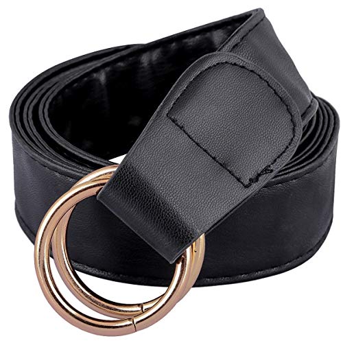 KYEYGWO Cinturón de piel sintética para mujer con hebilla de doble anilla, cinturón ajustable para el tiempo libre, para vaqueros, pantalones, vestidos. #1-negro Talla única Cover