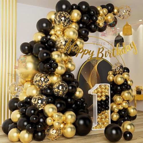 Image of 104Pcs Black Gold Birthday Decorations Kit - Metallic Balloons Happy Birthday Card Banner Party Pack