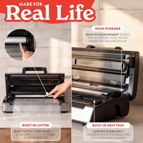 Image of Gourmia Vacuum Sealer - Food Preservation System with Marinate Mode and Vacuum Hose, Pulse Control, LED Display, Built-In Cutter, Gentle & Normal Vacuum Options, Stainless Steel