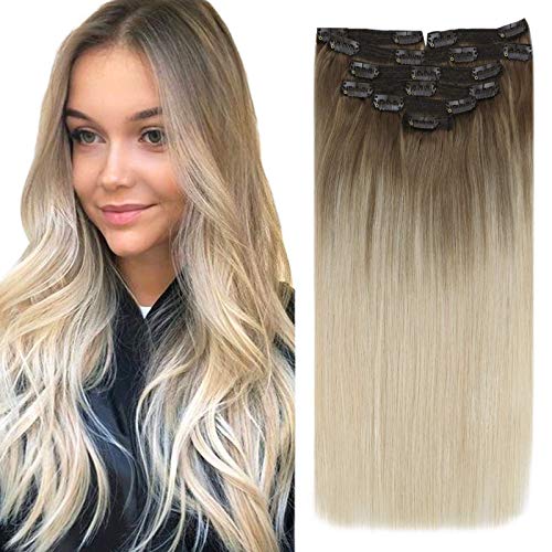 VeSunny 14inch Brazilian Clip in Hair Extensions Human Hair Blonde Balayage Hair Extensions Color #8 Fading to #60 7 Pcs 100g Remy Clip on Blonde Hair Extensions