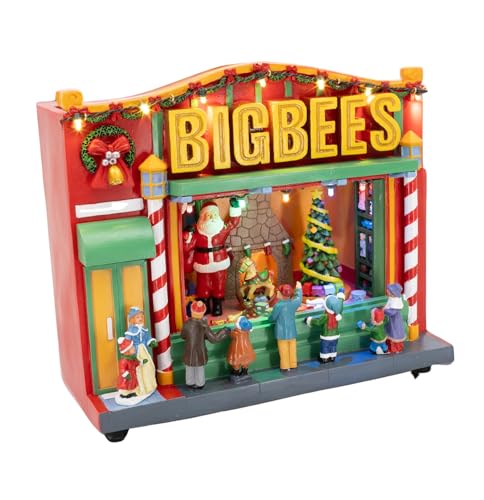 FG Square Bigbees Retro Department Store Window Display | Christmas House Village Decoration Collection Accessories Figurines | Motion & Sound Multi Color LED Lights | 10" x 4" x 9"