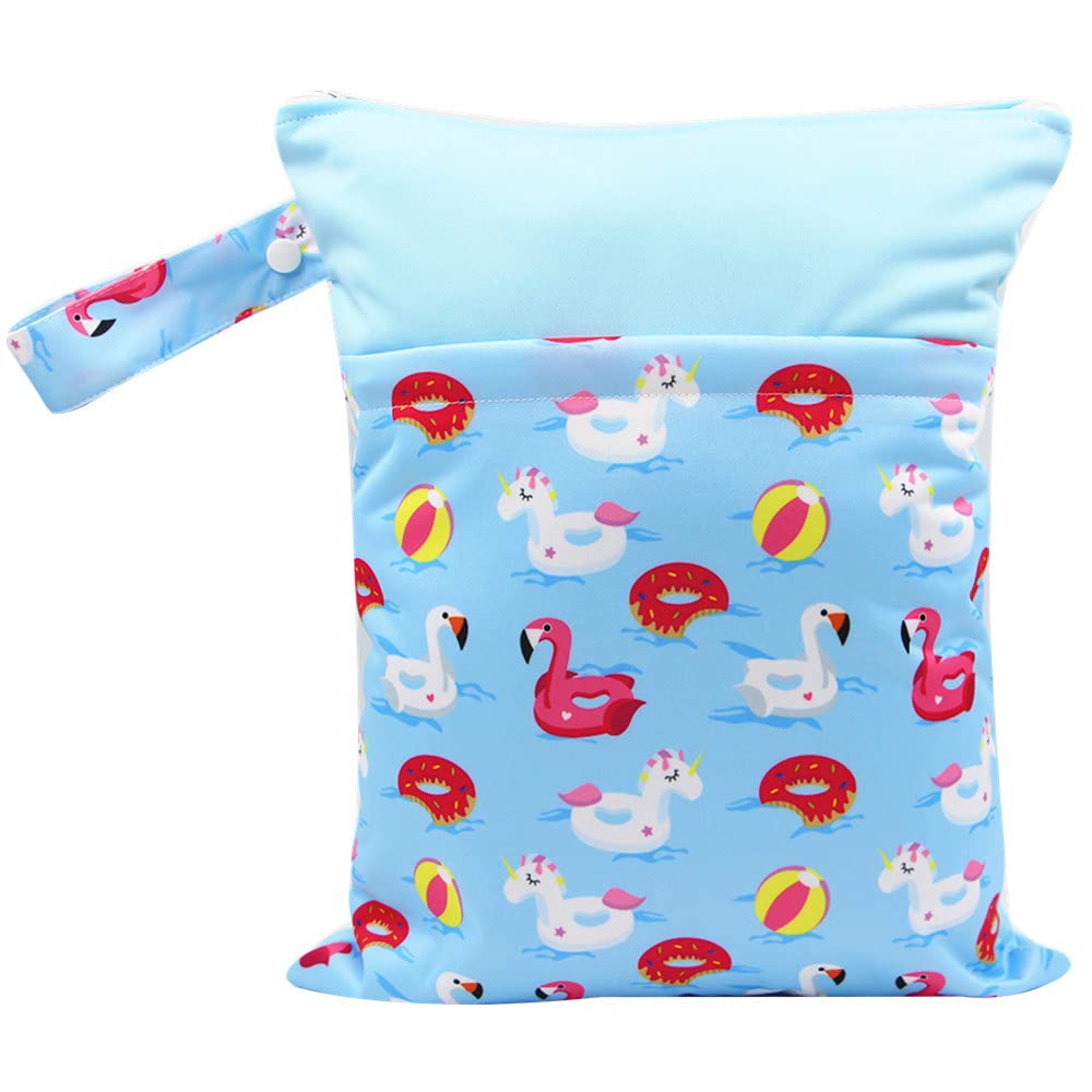 Treer Dry Wet Bag Baby Nappy Organizer Bag Large Double Zipper Reusable Waterproof Cute Animals Print Baby Carriage Hanging Bag, for Soiled Baby Items or Wet Clothes Storage (Swimming Pool)