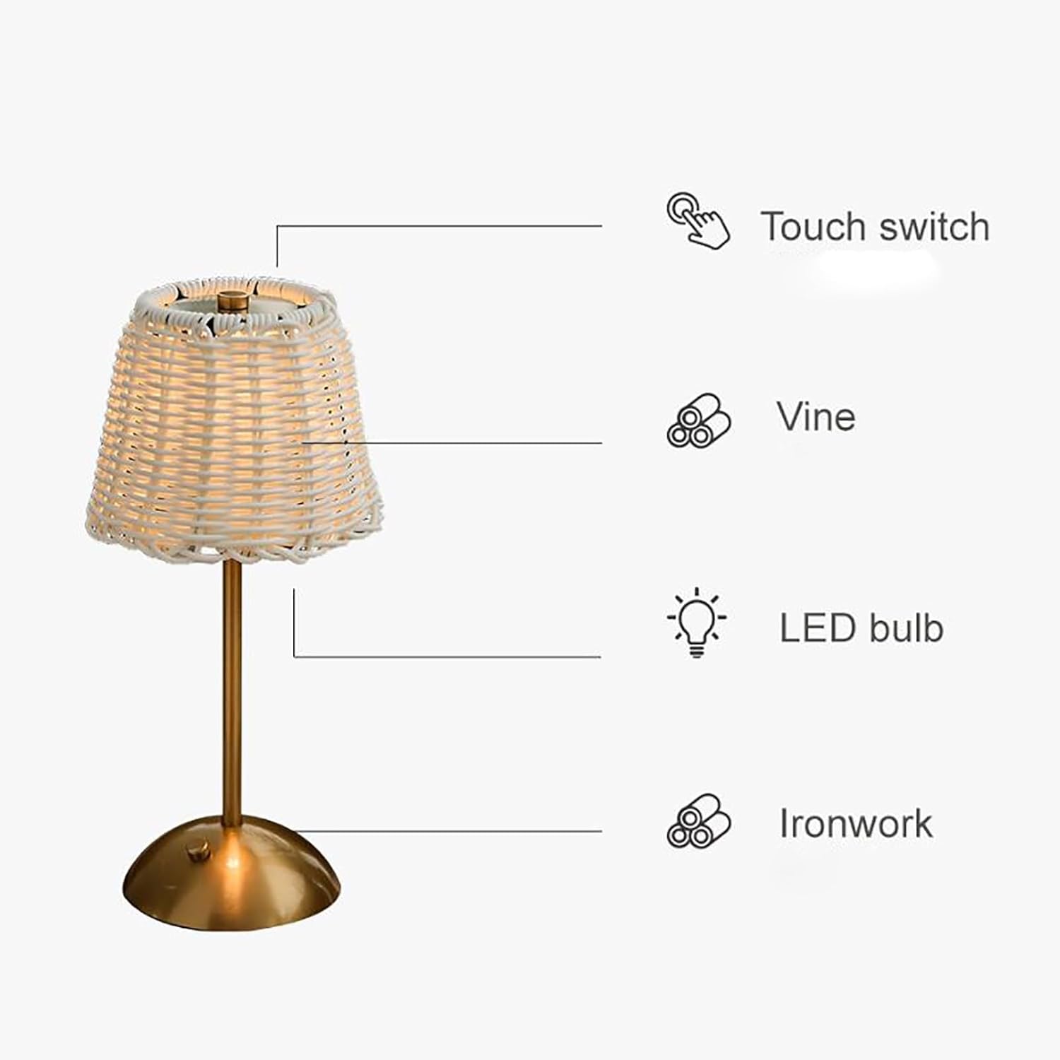 Cordless Rattan Table Lamp, 12 Inch Bedside Lamp LED Rechargeable Wicker Woven Lamps Battery Operated Boho Bedside Lamps with 3 Colors Dimmable for Bedroom Living Room Office Home Decor (Brown)