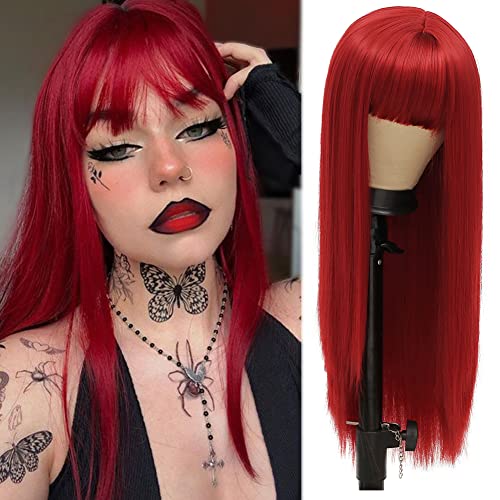 Amnenl Long Straight Red Wig with Bangs for Women Natural Looking Synthetic Fiber Wig Replacement Wig for Party Cosplay