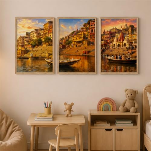 Image of Livin'luxe Set of 3 Banaras Ghat Wall Paintings for Living Room Bedroom Hallway Home Decor with Premium Wooden Color Synthetic Frame (13.5 x 19.5 Inch) NM03-62