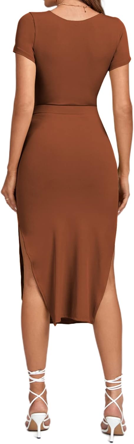 LYANER Women's Twist Front Cut Out Split Hem V Neck Short Sleeve Knit Bodycon Midi Dress - Image 3