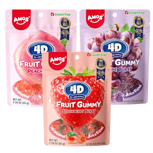 AMOS 4D Fruchtgummis Süßigkeiten Mix 3 Schmecken (Erdbeere & Pfirsich & Traube) Süssigkeiten Bonbons Fruchtgummi Süßes 65G/Beutel -3 Beutel (3 Beutel- Fruchtmix (Erdbeere Pfirsich & Traube))