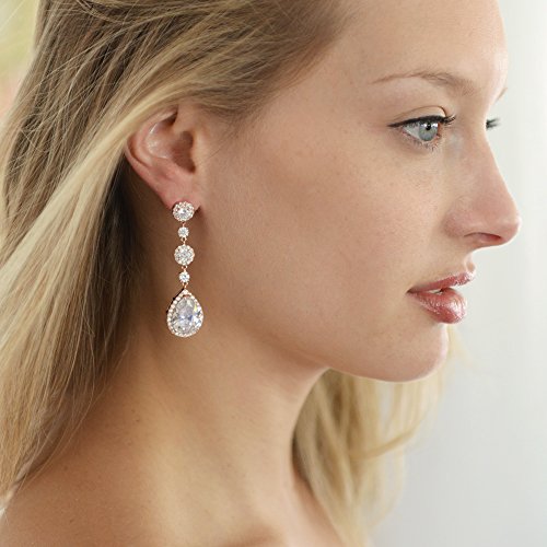 Mariell Pierced or Clip-On Silver, Gold or Rose Gold CZ Dangle Drop Earrings for Women, Brides, Wedding3
