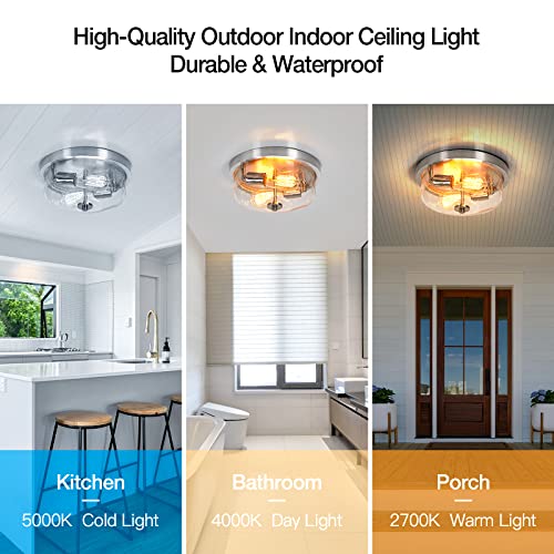 Brushed Nickel Flush Mount Ceiling Light 2-Light Outdoor Indoor Ceiling Light Fixtures, Seeded Glass Flush Mount Ceiling Light, Bathroom Flush Mount Ceiling Light For Porch, Entryway, Hallway, Bedroom #TOP6